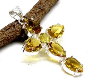 Colgante Cruz Joyería Piedras Preciosas Citrino Amarillo Plata de Ley 925 Tamaño-2.50" - Imagen 1 de 2