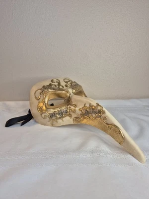 Italian Venetian MASQUERADE MASK Large Long Nose Beak White Gold Music Notes HTF - Image 1 of 4