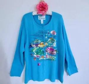 NWT Quacker Factory Embellished Cardigan Sweater 2X Sequin Beads Beach Umbrellas - Picture 1 of 14