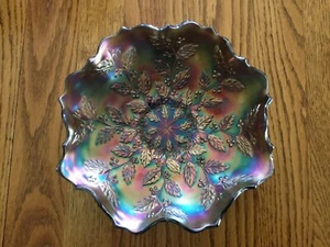 Vintage Fenton Cobalt Carnival Glass Holly Berry Ruffled Bowl 9.25” - Picture 1 of 7