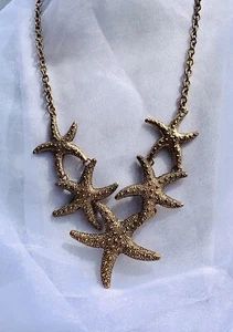 Vintage Aldo Nautical Sea Life Starfish Bib Chain Necklace Antiqued Gold Tone - Picture 1 of 7