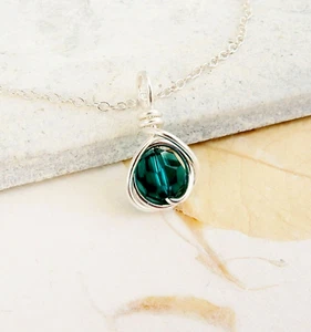 Emerald Swarovski Crystal Necklace 925 Sterling Silver, May Birthstone Handmade - Picture 1 of 4