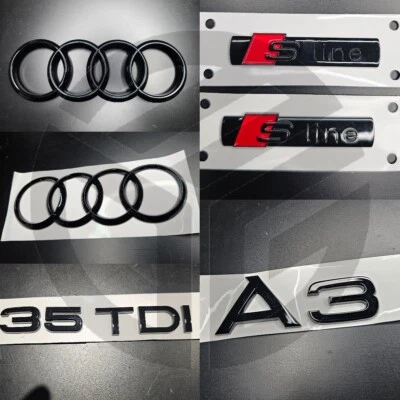 PREMIUM AFTERMARKET AUDI A3 2021+ Distintivi Nero Lucido GRIGLIA/STIVALE/PARAFANGO SET COMPLETO/2 X S-Line/35 TDI