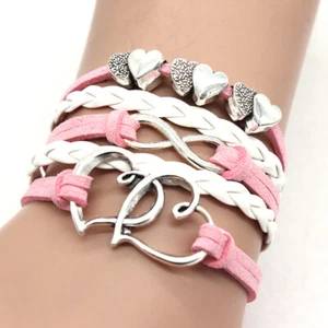 PU Leather String Bracelet DIY Double Heart Infinity 8 Fashion Accessories TK05 - Picture 1 of 4