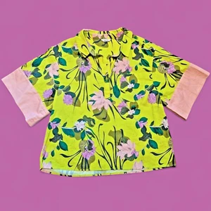 THE KIT. Boxy Lounge Shirt in Lime Beach Floral chartreuse top womens L 4B - Picture 1 of 11