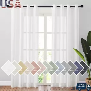 Linen Sheer Curtains Grommet 2 Panels Privacy Light Filtering Drapes Living Room - Picture 1 of 7