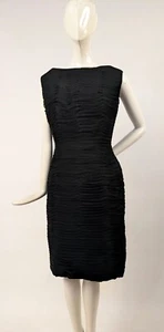 COUTURE QUALITY VINTAGE 1950’S PLEAT SILK CHIFFON BLACK WIGGLE DRESS - Picture 1 of 6