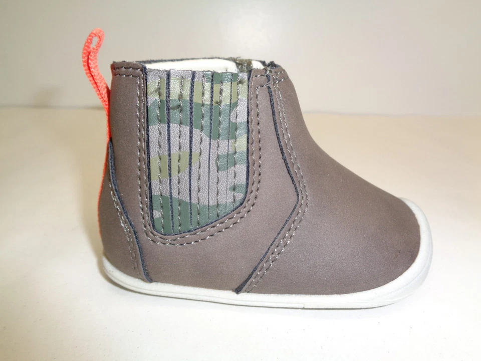 Carters Size 2 Connor Grey Camo Boys Baby Toddler Crawling BOOTS Shoes