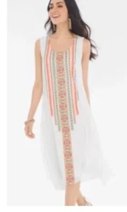 Chicos Dress Womens Large 3 White Embroidered Sleeveless Vacation Gauze Maxi - Picture 1 of 11