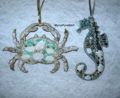 Coastal Beaded Embellished Ornaments - Set of 2 Crab & Seahorse #011 - Image 1 of 4