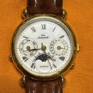 Vintage little Switzerland Triple calendar Moon Phase Quartz Watch leather band - Picture 1 of 12