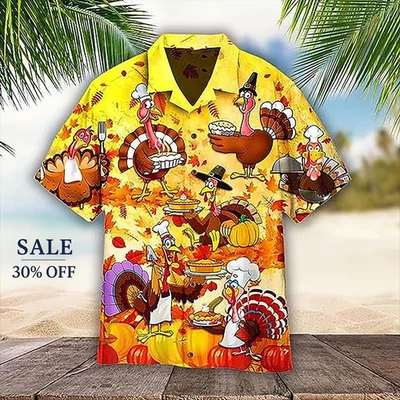 Camisa havaiana de Ação de Graças desenho animado engraçado perus estampa de folhas de outono - Imagem 1 de 4
