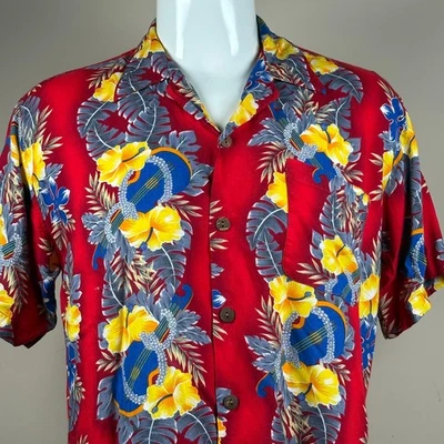 Hawaiian Mens Shirt Large Leis Ukelele Hibiscus Flower Tropical Aloha Friday - Image 1 of 4