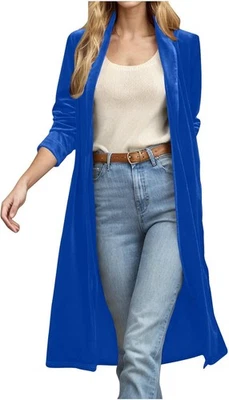 Jaqueta cardigã feminina de veludo longo colarinho de lapela entalhado frente aberta blazer - Imagem 1 de 4