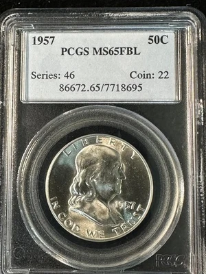 1957 Franklin Half Dollar PCGS MS65FBL   MS 65 FBL   Full Bell Lines   #8695 - Image 1 of 2