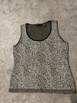 Suéter Dana Buchman grande sem mangas marrom preto estampa mistura de lã Hong Kong - Imagem 1 de 4