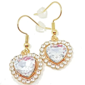 Clear Heart Charm Crystal Earrings, Swarovski Elements Drop Earrings, Gold Tone - Picture 1 of 2
