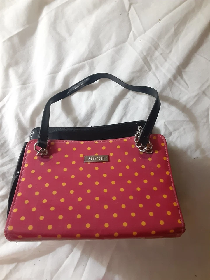 Miche Red Yellow Polka Dot Patent Vinyl Look Purse Handbag Chain Strap, 8x5x4.5" - Image 1 of 4