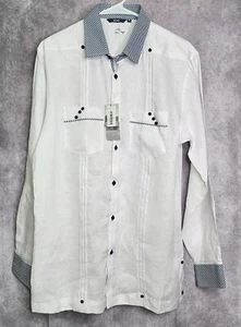 Bohio Linen Guayabera Button Shirt Mens Medium White Gingham Trim Tropical NEW - Picture 1 of 8