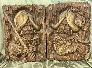 SPANISH CONQUISTADOR FAUX WOOD FOAM SCULPTURE 60s Wall Art 3D COOL! HOMCO. PAIR - Picture 1 of 8