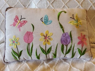 Needlepoint Cross Stitch Embroidered Pillow Butterflies, Tulips, & Daisy's (S) - Image 1 of 4