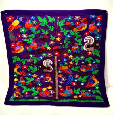 NEW~Mexican Pillow Cover~OAXACA Handmade~PURPLE BIRDS~Embroidered 18"~Folk Art - Image 1 of 2