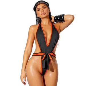 Tanga de corte alto Monokini escote de inmersión borde trasero contraste negro naranja 82369 - Imagen 1 de 3
