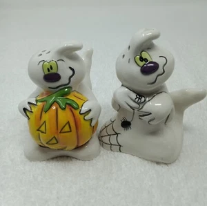 Blue Sky Halloween Salt And Pepper Signed Very Happy Ghosts With Stoppers - Picture 1 of 21