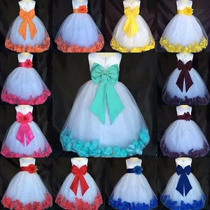 White Satin Tulle Rose Petal Dress Big Bow Easter Wedding Toddler Infant Girl 24 - Picture 1 of 30
