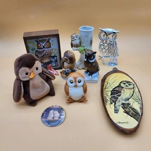 Lot of 9 OWLS Miniature Vintage Collection Porcelain wood plaque button beanie - Picture 1 of 21