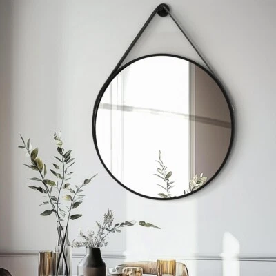 Specchio sospeso specchio da parete specchio bagno rotondo 60/70/80 cm con cornice in alluminio cinturino in pelle  - Immagine 1 di 4