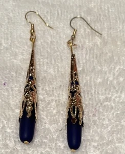 Goldplated FILIGREE Earrings w/Royal Blue Teardrop w/ Gold plated Earwires NEW - Picture 1 of 2