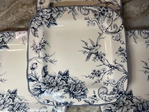 Adelaide Blue Square Dinner Plates Flower, Bird Design 222 Fifth 11 in Set/4 New - Picture 1 of 16