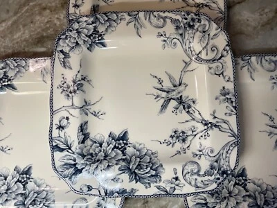 Adelaide Blue Square Dinner Plates Flower, Bird Design 222 Fifth 11 in Set/4 New