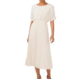 Halogen Damen Plissee Midikleid Kurzarm Creme Größe L Resort Urlaub - Bild 1 von 11