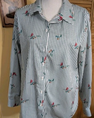 Coldwater Creek 红鸟条纹绿色和白色衬衫 16 XL 圣诞节 — 第 1/4 张图片