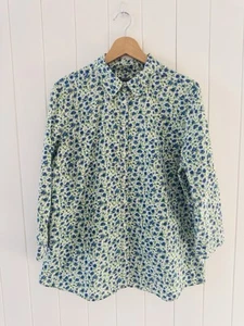 Sportscraft Liberty Shirt Size 16 Green Blue Rose Floral Roll Tab 3/4 Sleeve - Picture 1 of 13