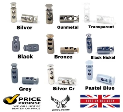 QUALITY BARREL TOGGLE SPRING STOP DOUBLE HOLE CORD LOCKS STOPPER COLOURS SIZES - Image 1 of 4