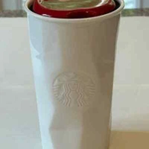 2013 Starbucks Faceted Mermaid Logo White Ceramic Travel Mug W/ Red Lid - Picture 1 of 10