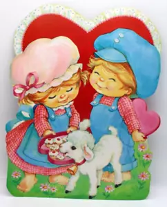 Vintage Die Cut 2-sided Valentine Decoration 14.5” Girl Boy Lamb Candies Heart - Picture 1 of 9