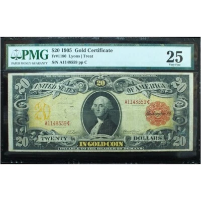 1905 $20 Technicolor Gold Certificate PMG 25 Very Fine - Ultra Rare! Beautiful! - Image 1 of 3