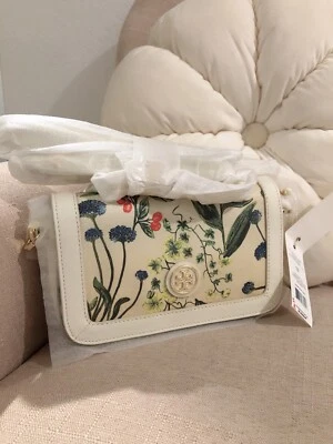 全新带标签 Tory Burch Robinson 可调迷你斜挎包水彩植物印花 — 第 1/4 张图片
