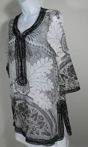 CALYPSO ST BARTH NWT Black White Print Cotton Black Beaded Trim V-Neck 3/4 Sl... - Picture 1 of 6