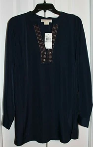 Nueva Blusa Michael Kors Para Mujer Chifón Manga Larga Azul Marino Real Detalle Tachonado 1X - Imagen 1 de 3