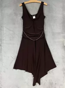Vintage 90s Brown Drop Waist Beaded Belt Asymmetrical Pointed Hem Dress Sz 10 - Picture 1 of 11