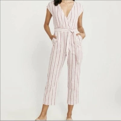 Mono Abercrombie & Fitch Rayas Algodón Lino Corbata Cintura Marfil Rojo Talla XS Foto 1 de 4