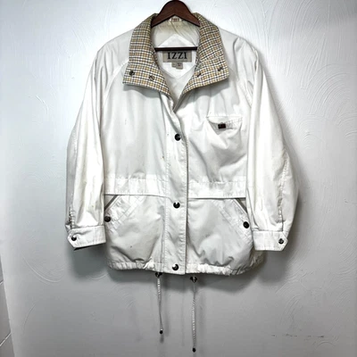 Vintage IZZI Jacket Womens S White Plaid Collar 90s Windbreaker Zip Drawstring - Image 1 of 4