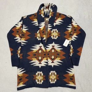 LUCKY BRAND maglione donna grande cardigan sud-ovest azteco collo sciallato blu - Foto 1 di 11