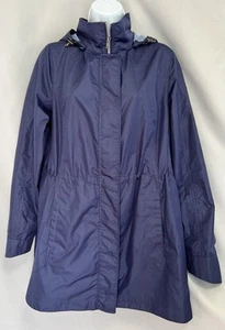 Lands End Rain Jacket Womens M 10-12 Navy Blue Hooded Full Zip Pockets Snap - Picture 1 of 12