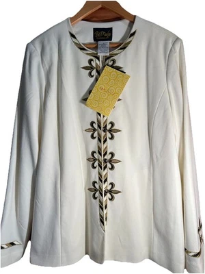 Bob Mackie Usable Art Nuevo Blanco Chaqueta de Noche Ribete Dorado Negro Blanco Talla Lg Foto 1 de 4